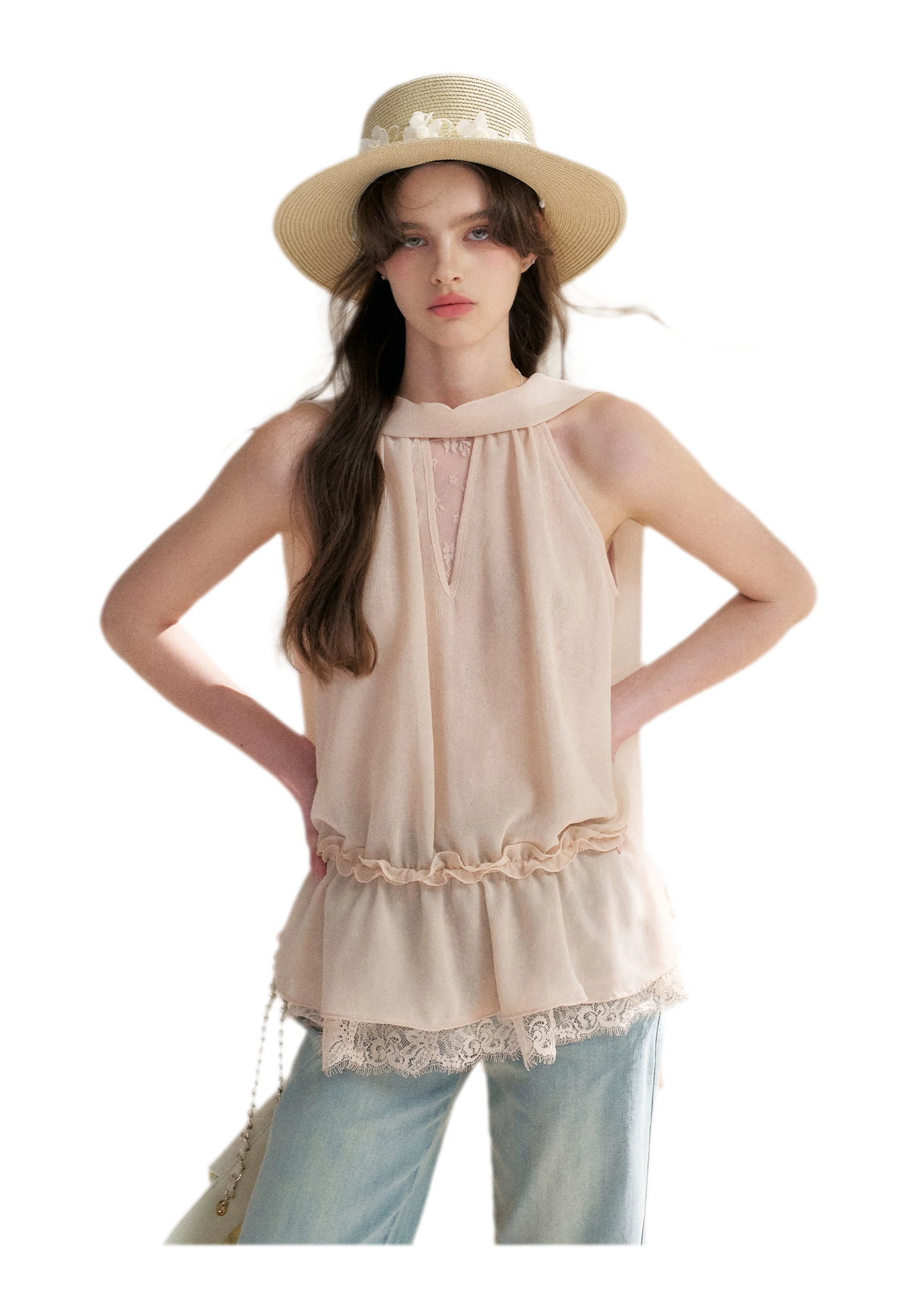 Chiffon Lace Halter V-Neck Blouse