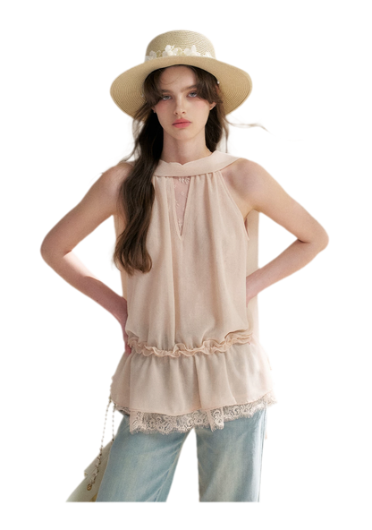 Chiffon Lace Halter V-Neck Blouse