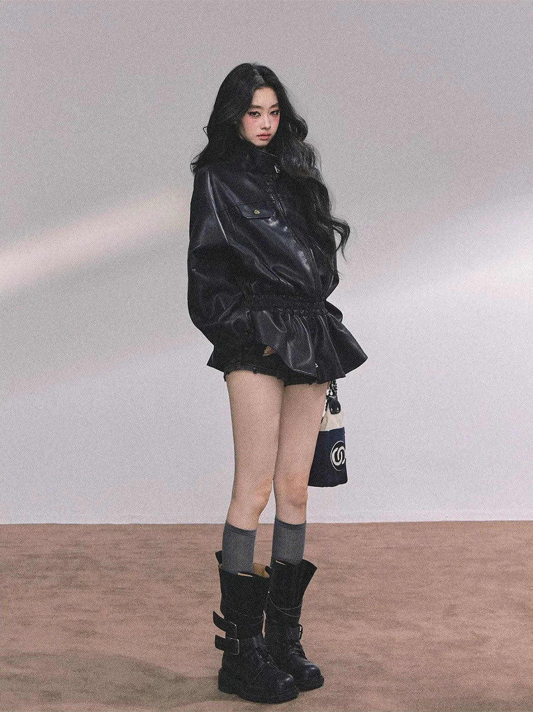 Faux Leather Stand Collar Jacket