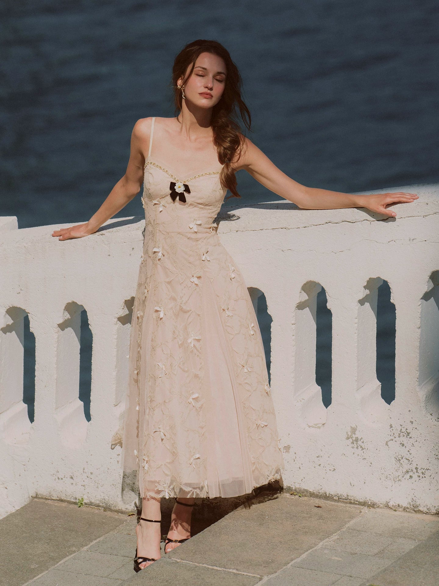 Embroidered Bow Mesh Dress