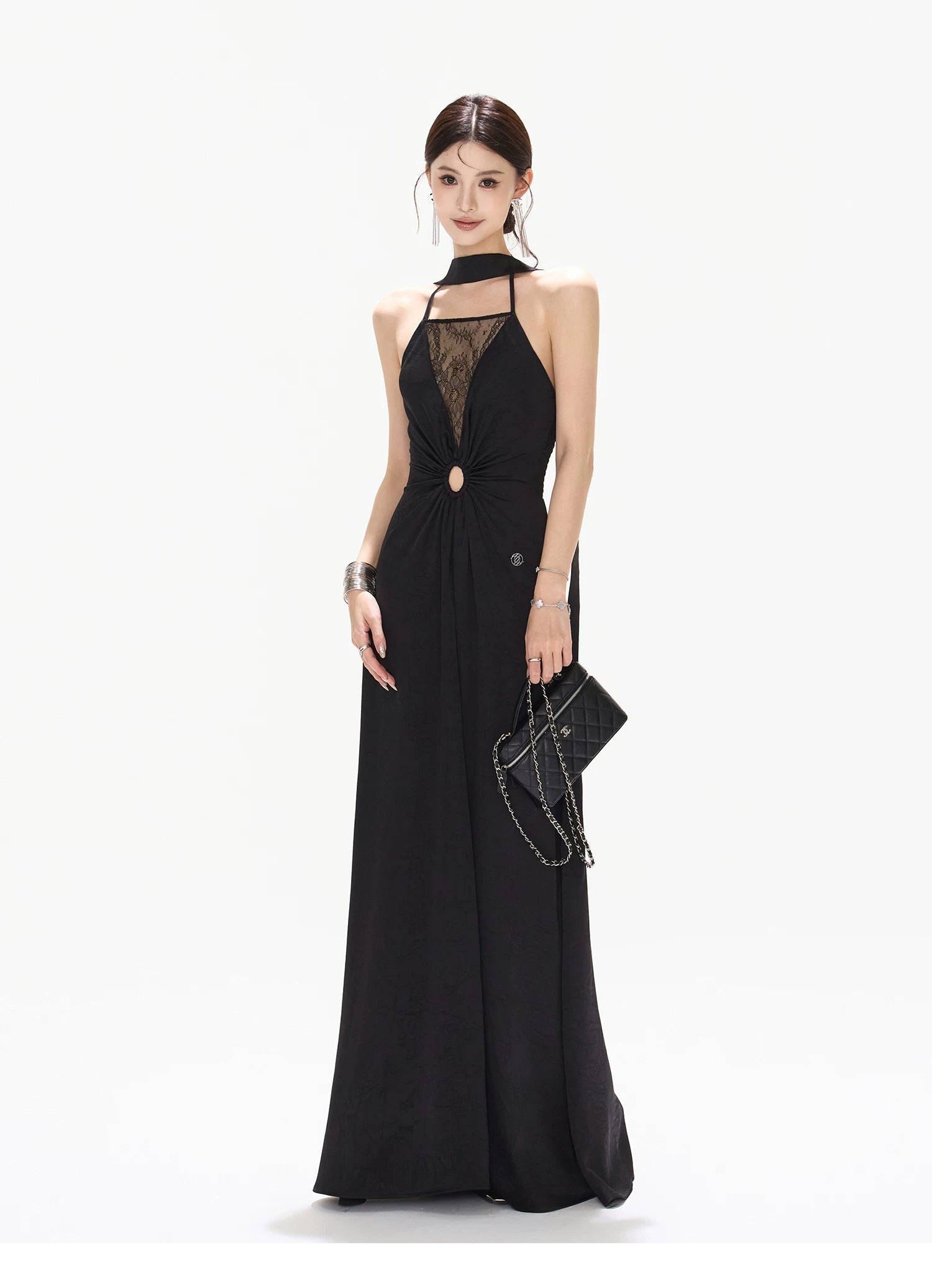 Mesh Lace Deep V Halter Dress with Satin Black / L