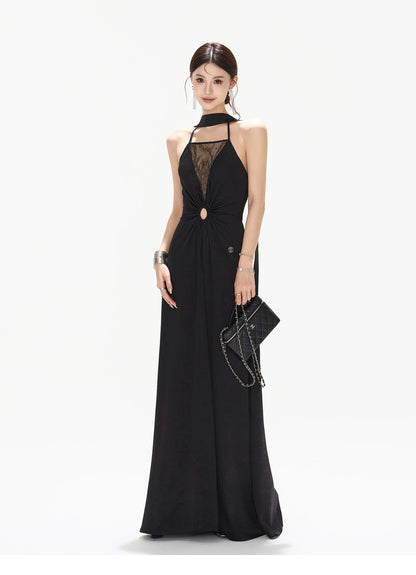 Mesh Lace Deep V Halter Dress with Satin