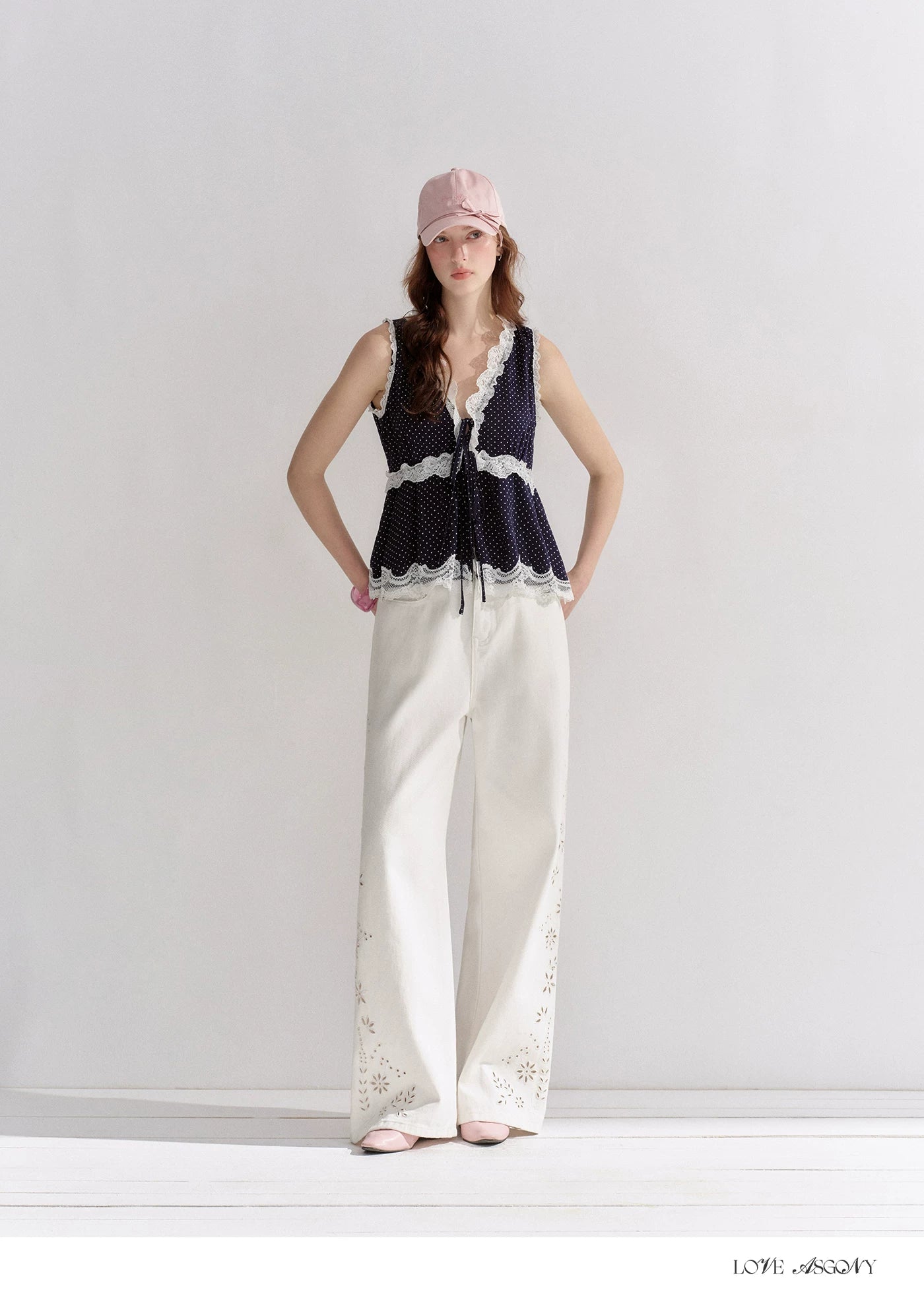 V-Neck Lace Polka Dot Waist-Defined Sleeveless Top