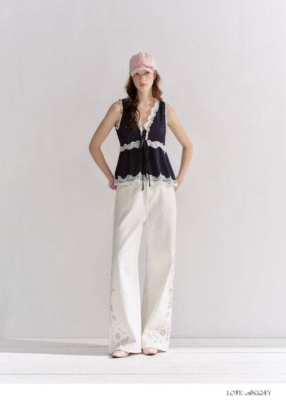 V-Neck Lace Polka Dot Waist-Defined Sleeveless Top
