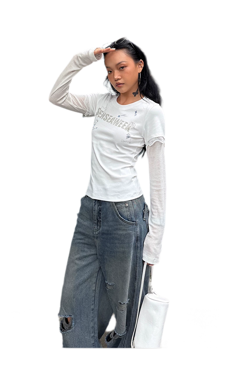 Ribbed Lace Trim Layered T-Shirt