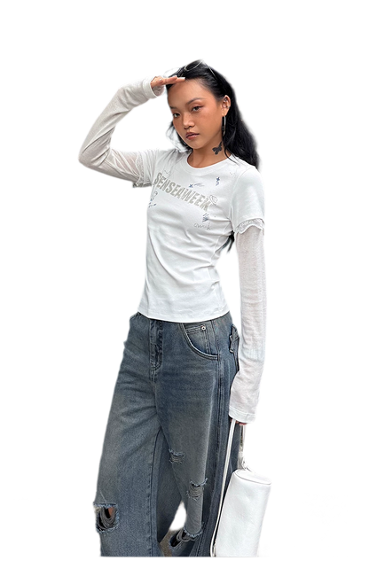 Ribbed Lace Trim Layered T-Shirt
