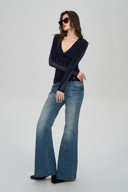 Wool Lyocell V-Neck Long Sleeve Top with Lace