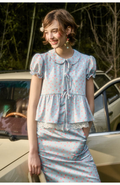 Soft Misty Blue Doll Collar Satin Floral Shirt