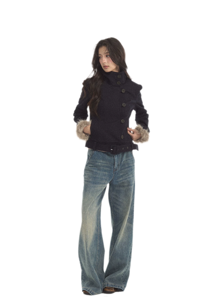 Detachable Fur Collar Twill Coat