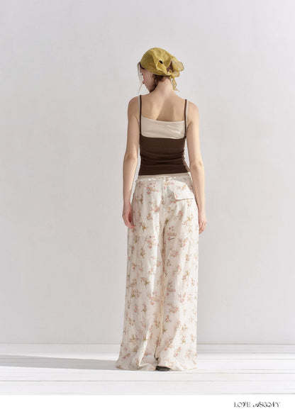 Lightweight Printed Wide-Leg Pants with Lace Waistband