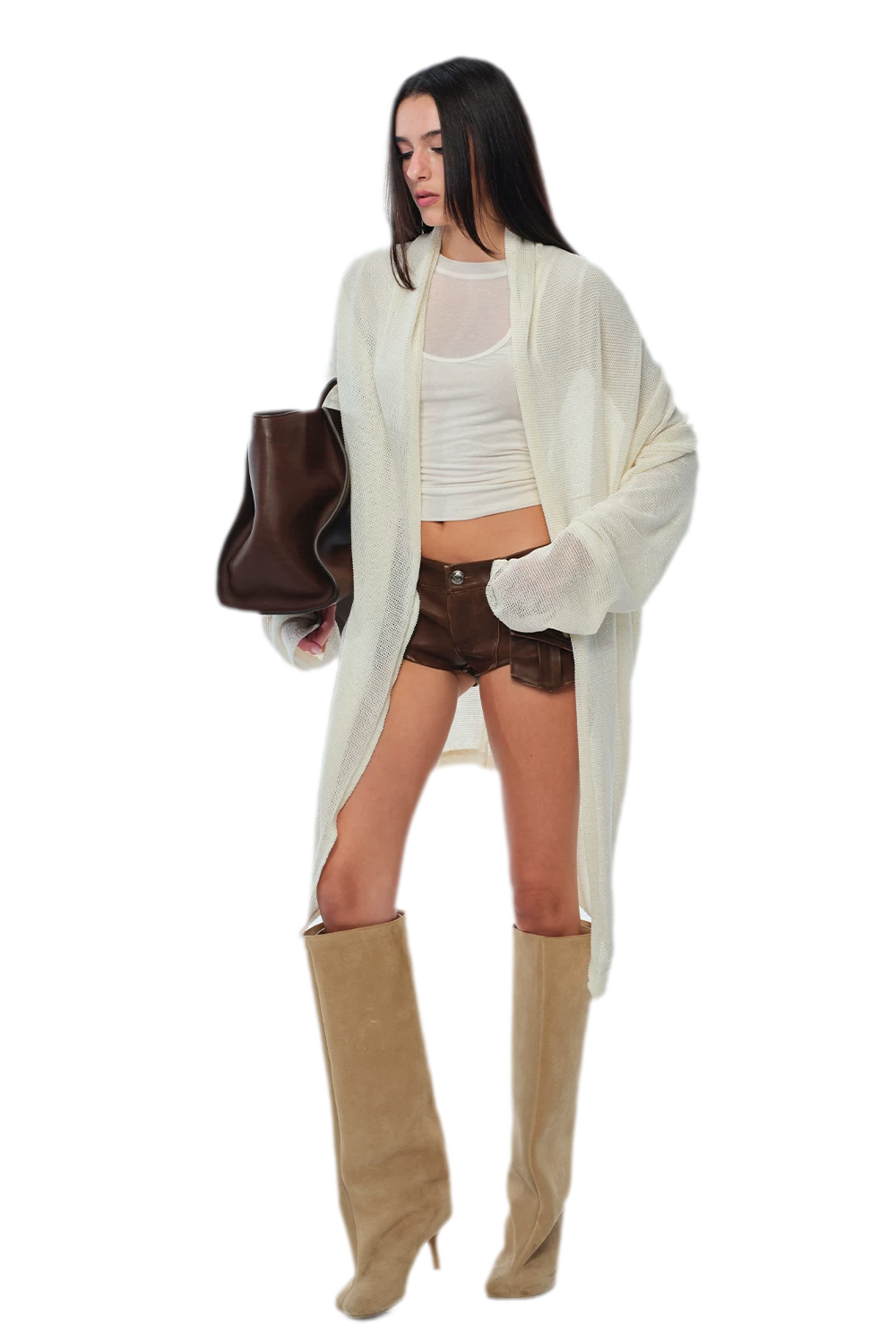 Áo cardigan dài đan lỗ xuyên thấu