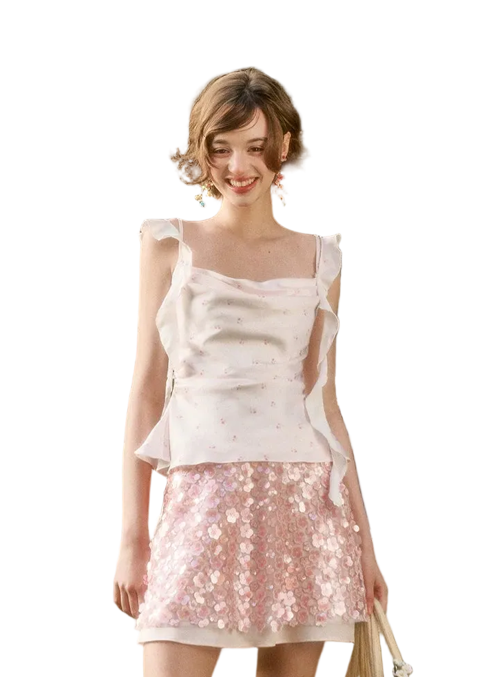 Babypink Satin Ribbon Top &amp; Sequin Skirt Set