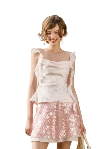 Babypink Satin Ribbon Top &amp; Sequin Skirt Set