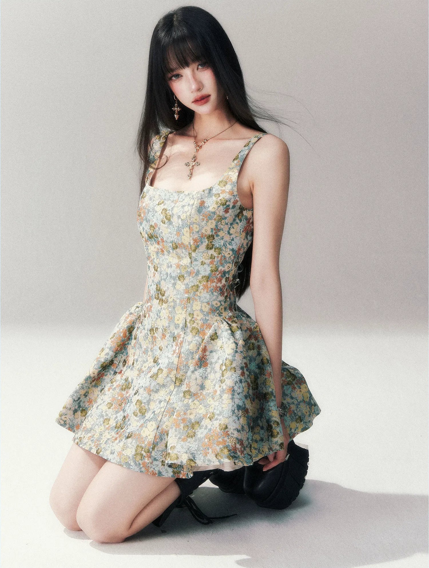 Jacquard Floral Short Dress