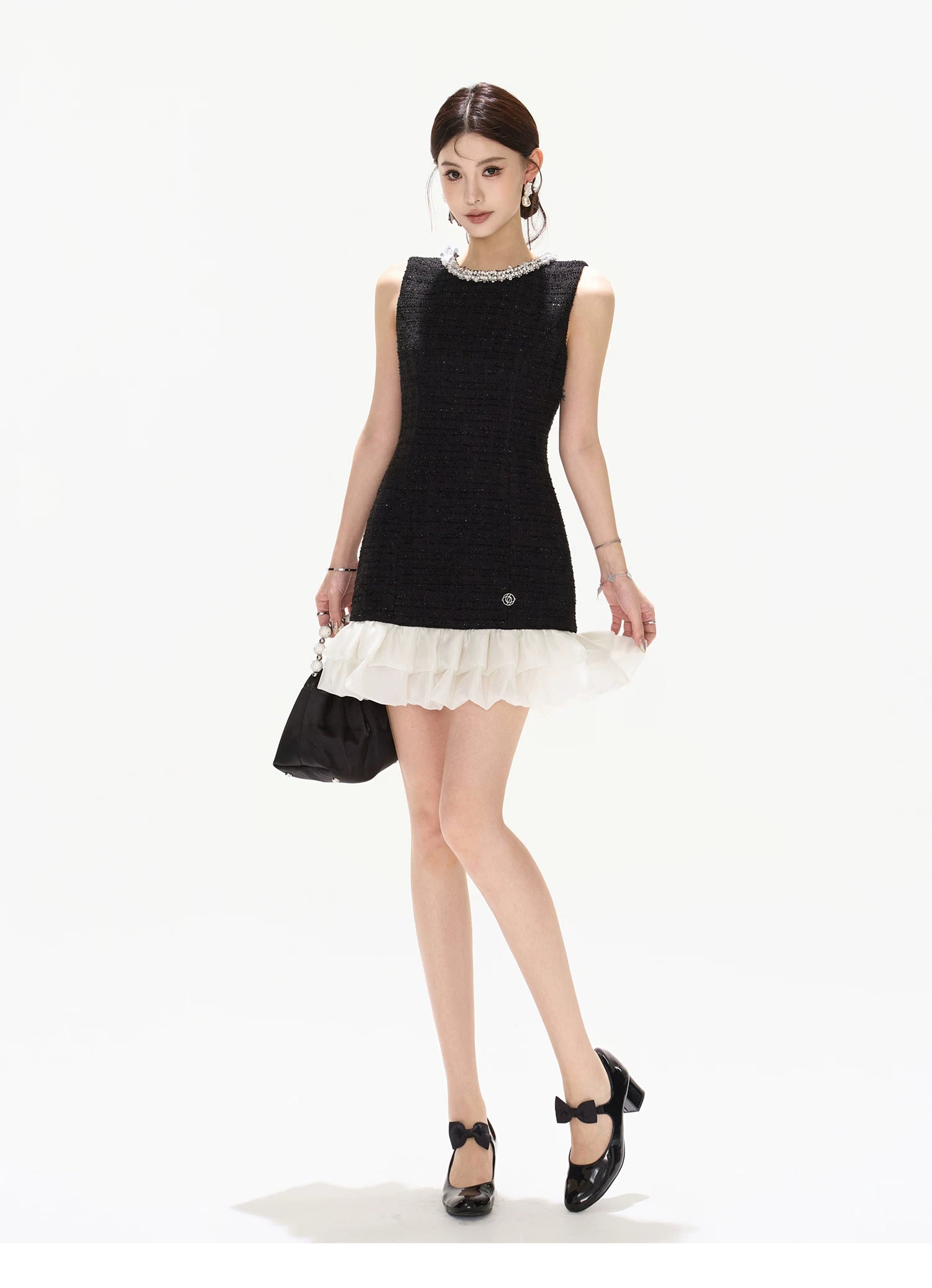Diamond Neckline Ruffled Sleeveless Waist-Cinching Dress