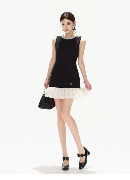 Diamond Neckline Ruffled Sleeveless Waist-Cinching Dress