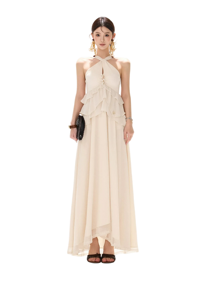 Flowing Halter Rhinestone Chiffon Long Dress