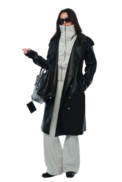 PU Leather Belted Trench Coat