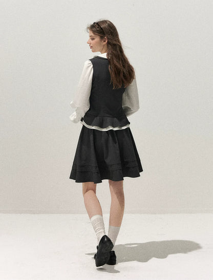 Textured Pleated Vest Skirt Set