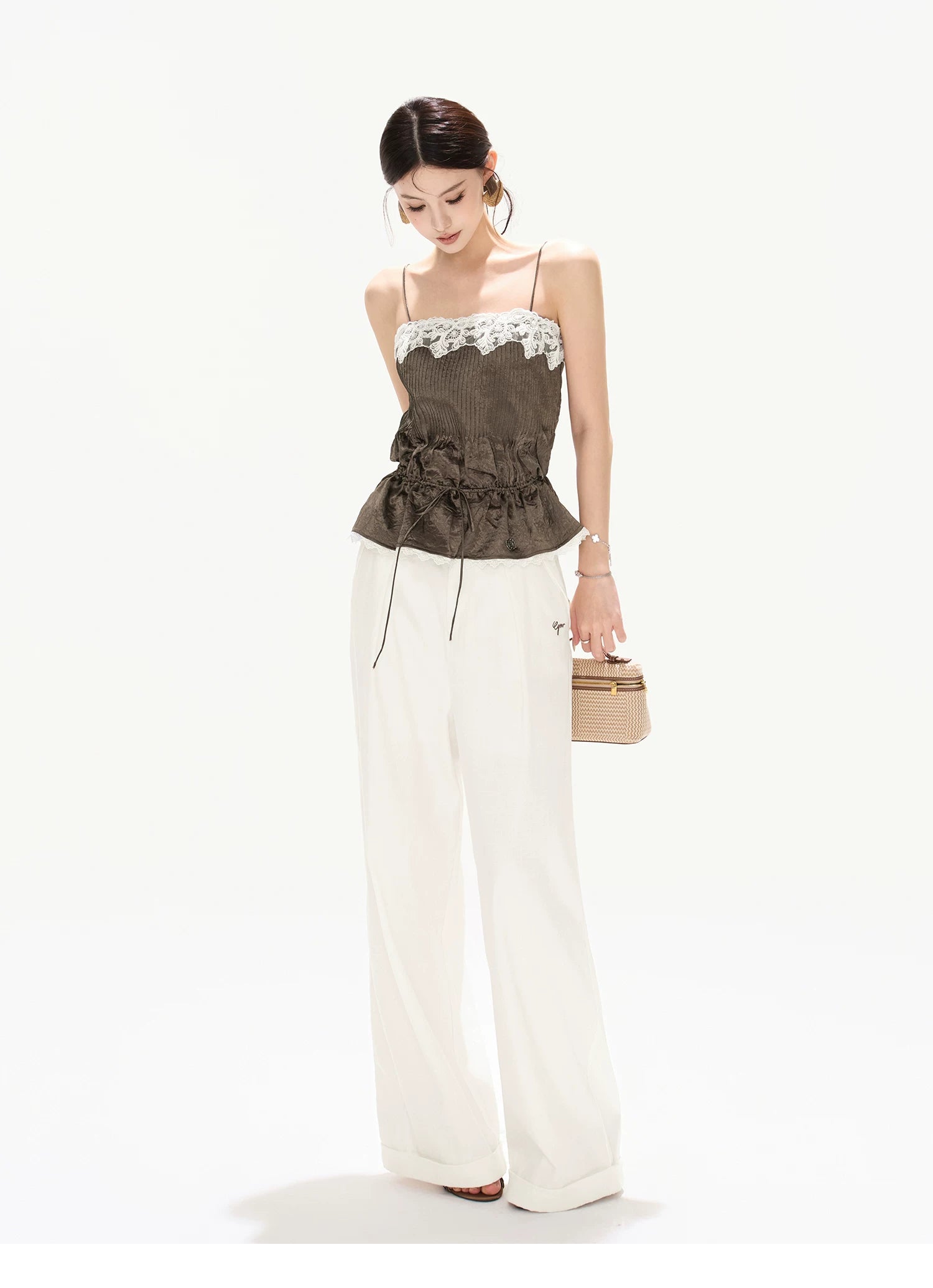 South France Holiday Contrast Lace Trim Ruffle Camisole