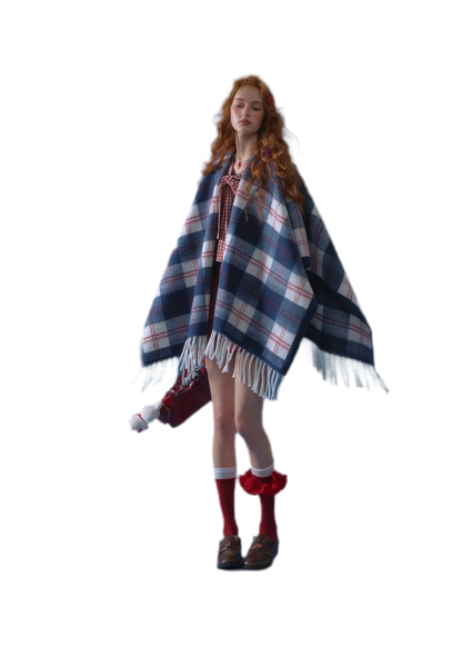 Vintage Plaid Fringed Shawl