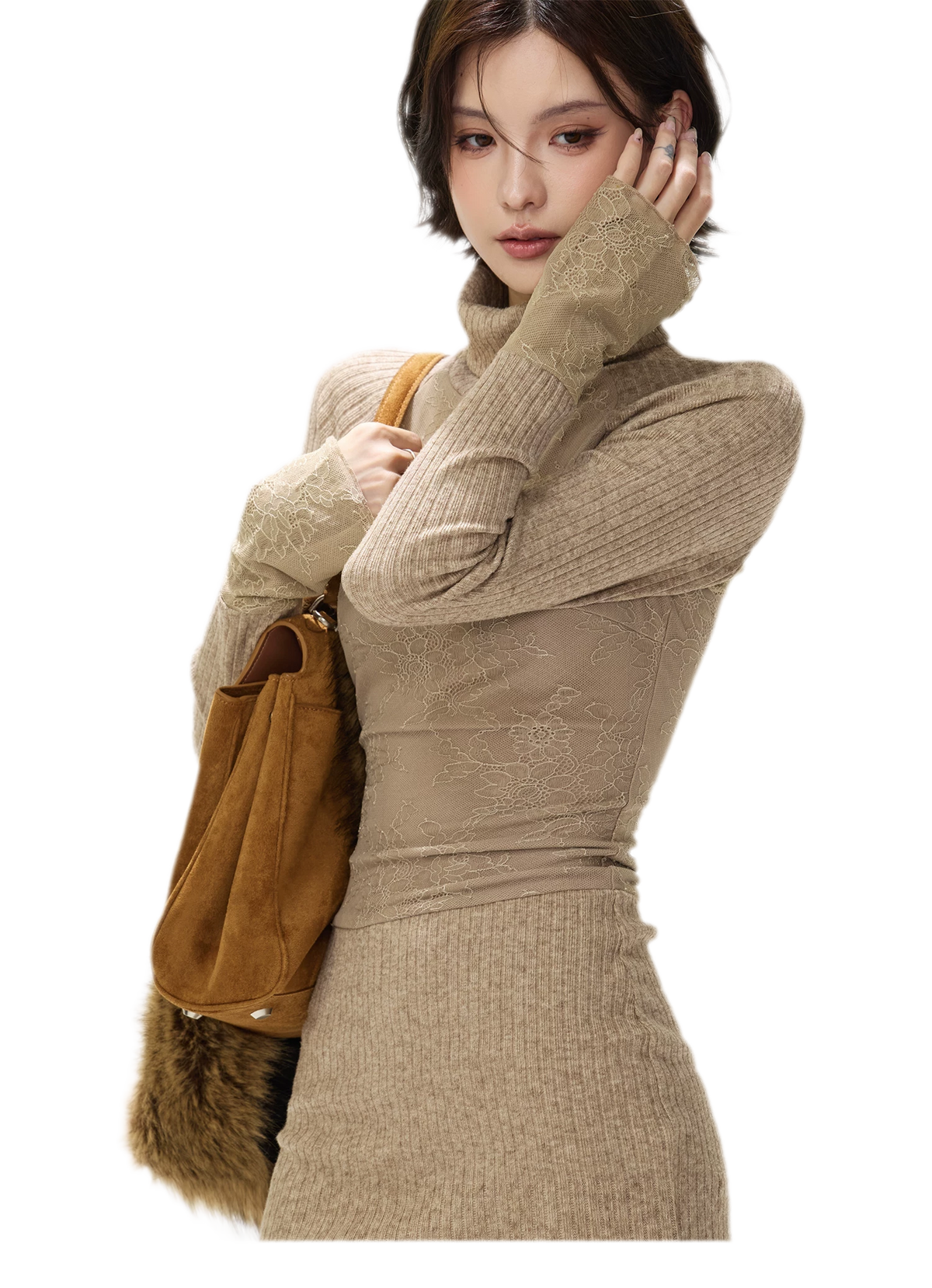 Lace Panel Ribbed Mini Dress — Load image 13 in gallery view