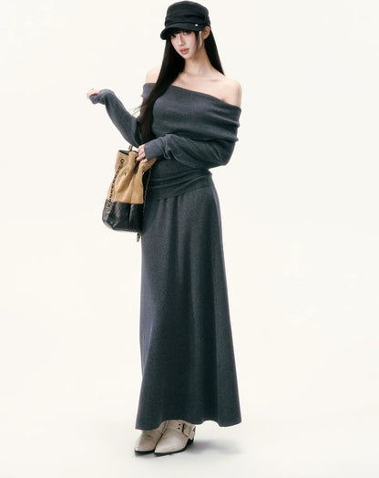 Wool Blend Off-Shoulder Skirt Set