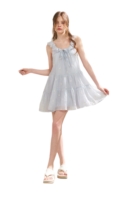 Tencel Embroidered Ruffle A-line Dress