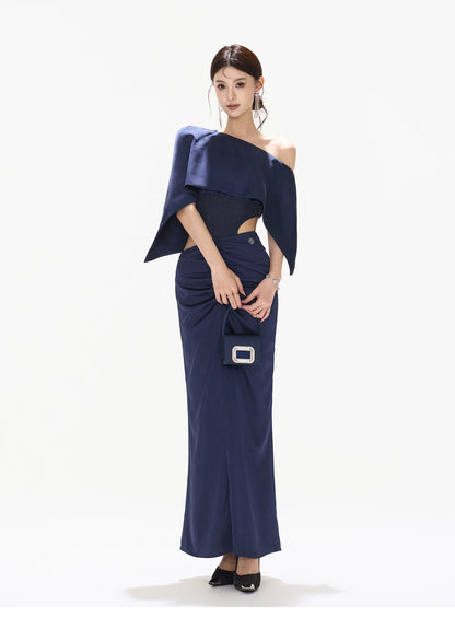 Night Banquet Muse Indigo Asymmetric Off-Shoulder Long Dress