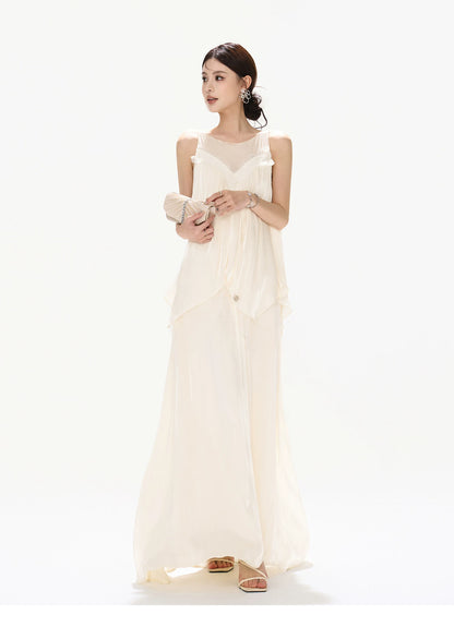 Sleeveless Mesh Ruffle Long Dress
