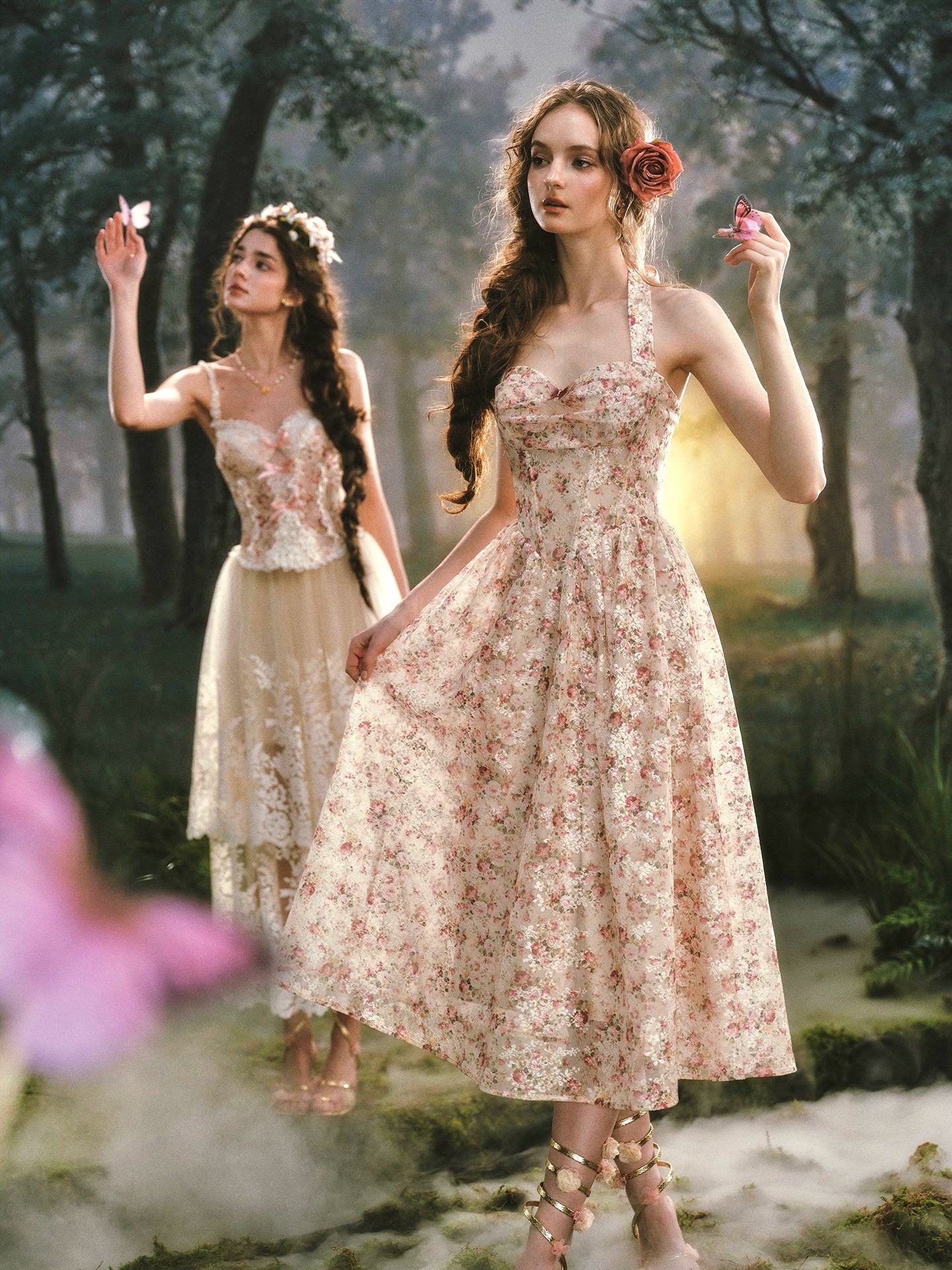 Forest Rose French Retro Floral Halter Long Dress
