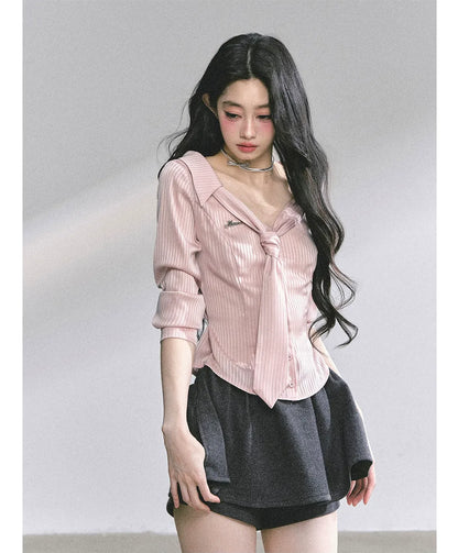 Satin Striped Tie Shirt