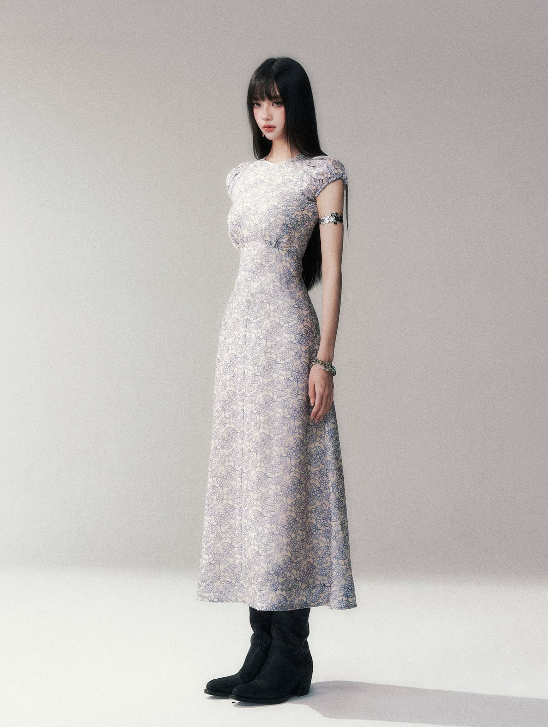 Fog Blue Floral Maxi Dress