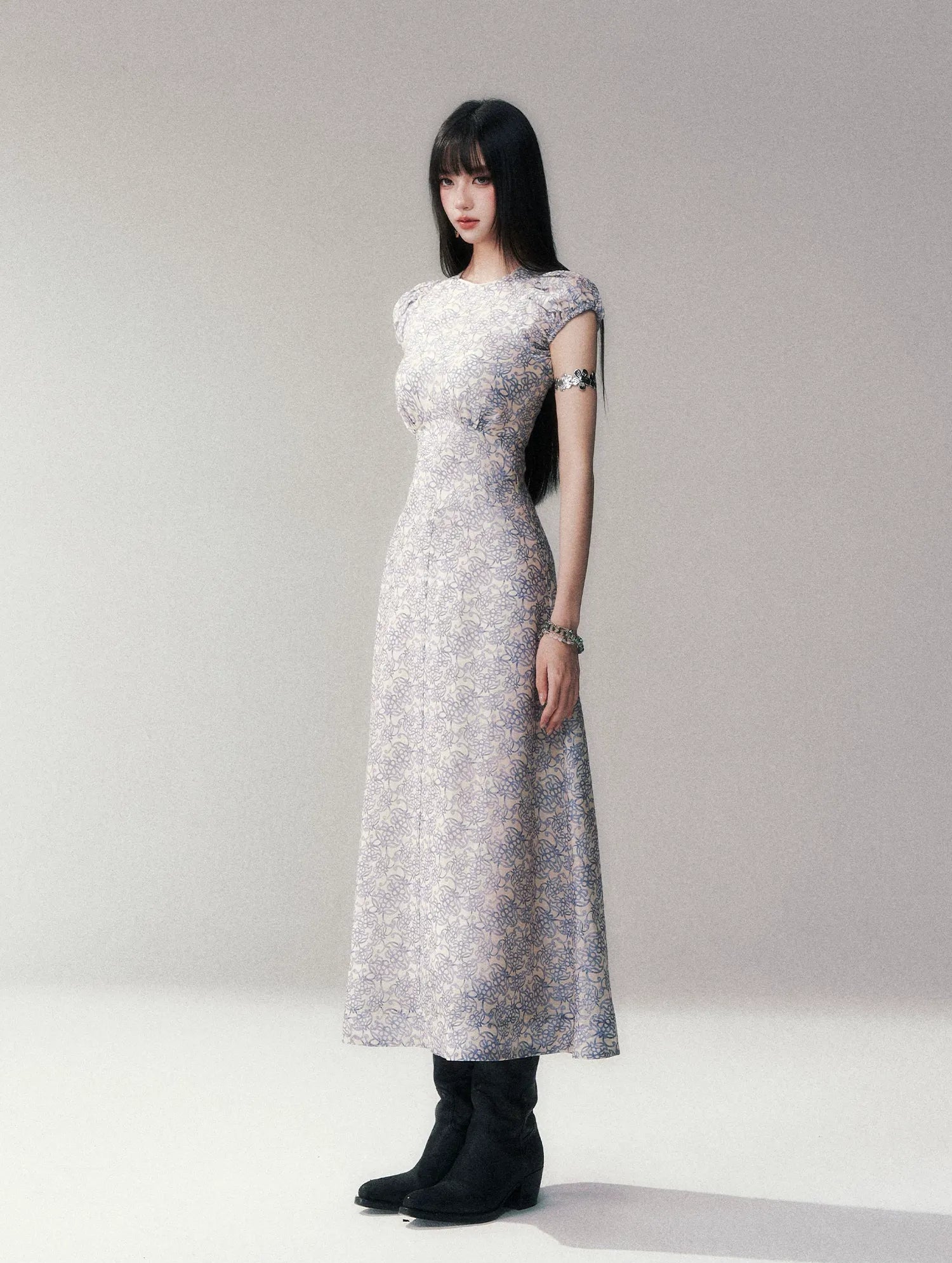 Fog Blue Floral Maxi Dress