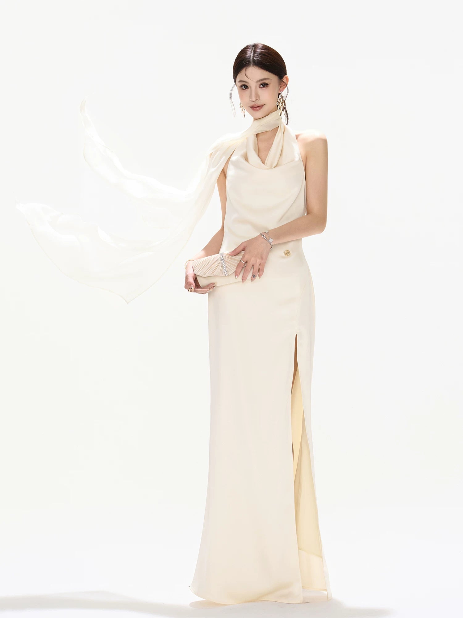 French Style One-Shoulder Backless Halter Long Dress
