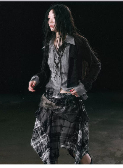 Star Plaid Raw-Edge Skirt