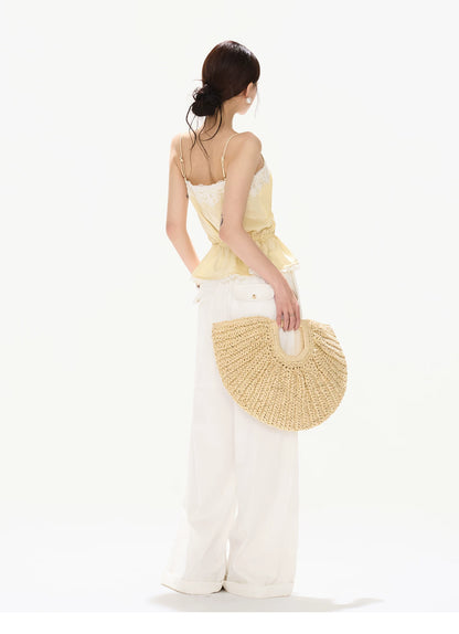 South France Holiday Lace Trim Waist-Cinched Camisole