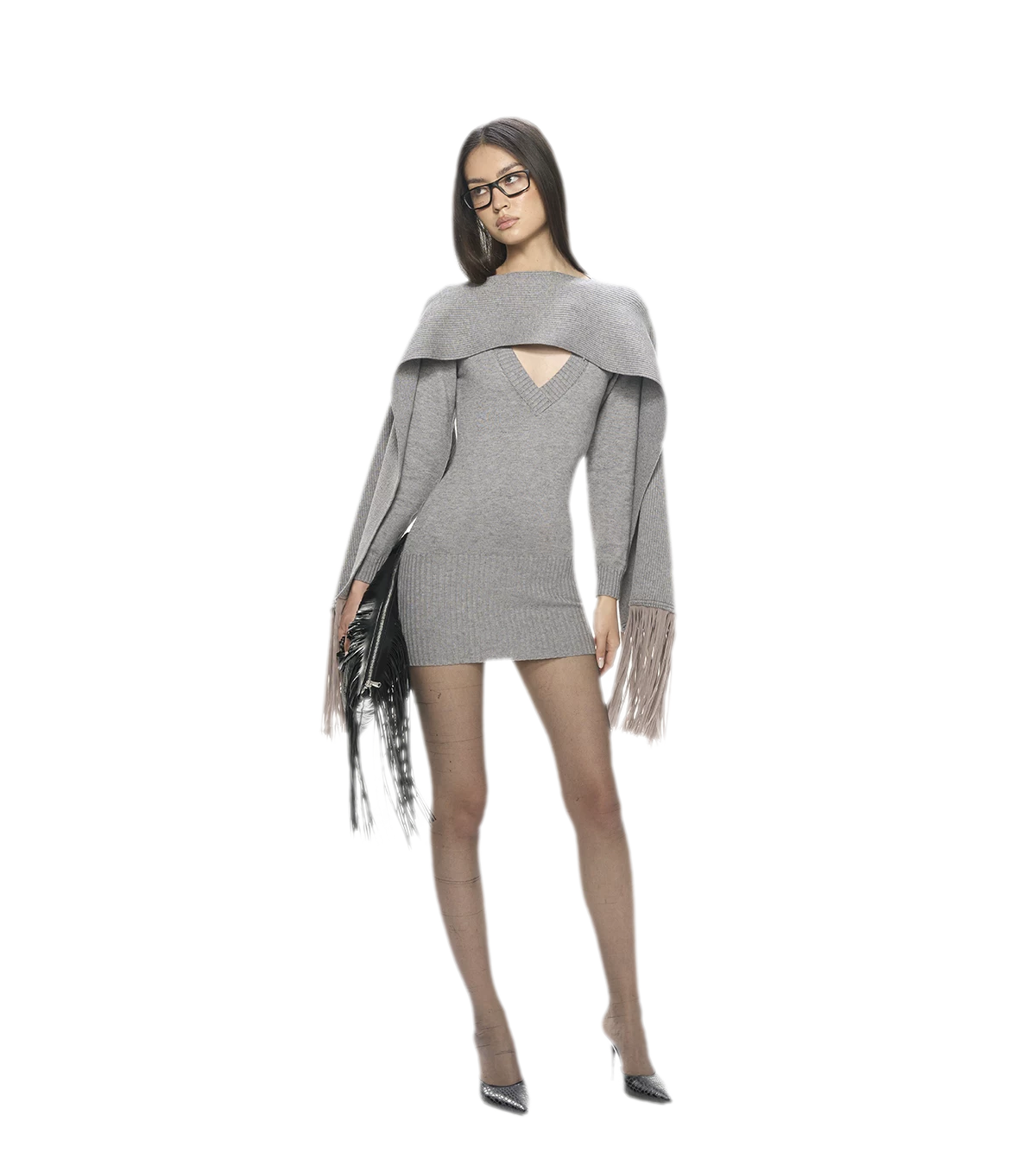 Deep V Fringe Knit Dress