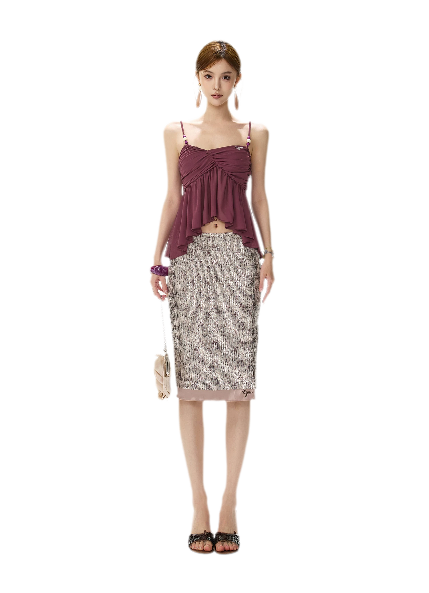 Purple Sequin Slit Skirt
