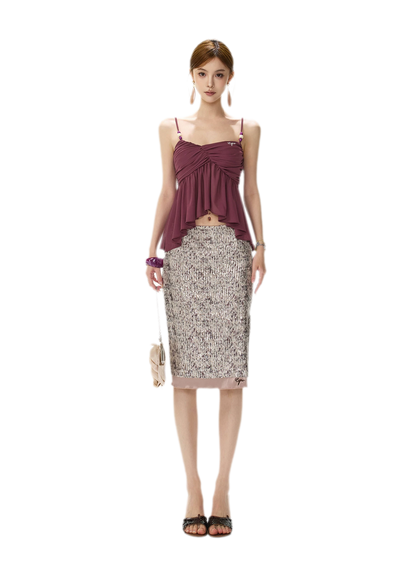 Purple Sequin Slit Skirt