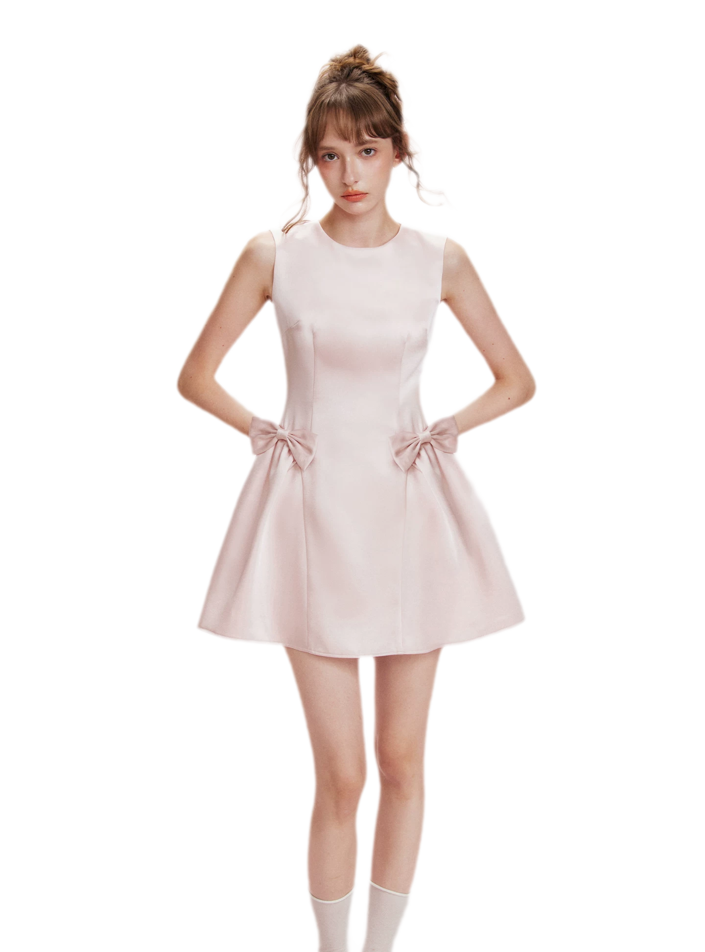 Pearlescent Satin Waist-Tie Dress