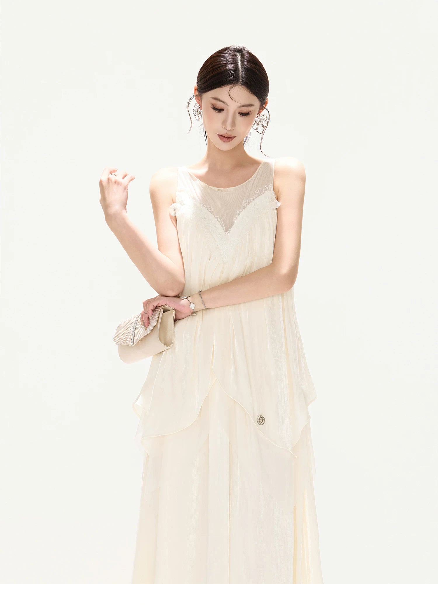 Sleeveless Mesh Spliced Ruffle Long Dress