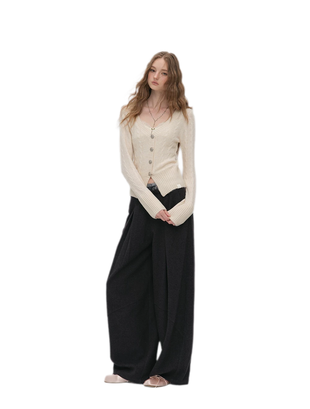 Pleated Contrast Wide-Leg Trousers
