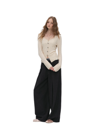 Pleated Contrast Wide-Leg Trousers