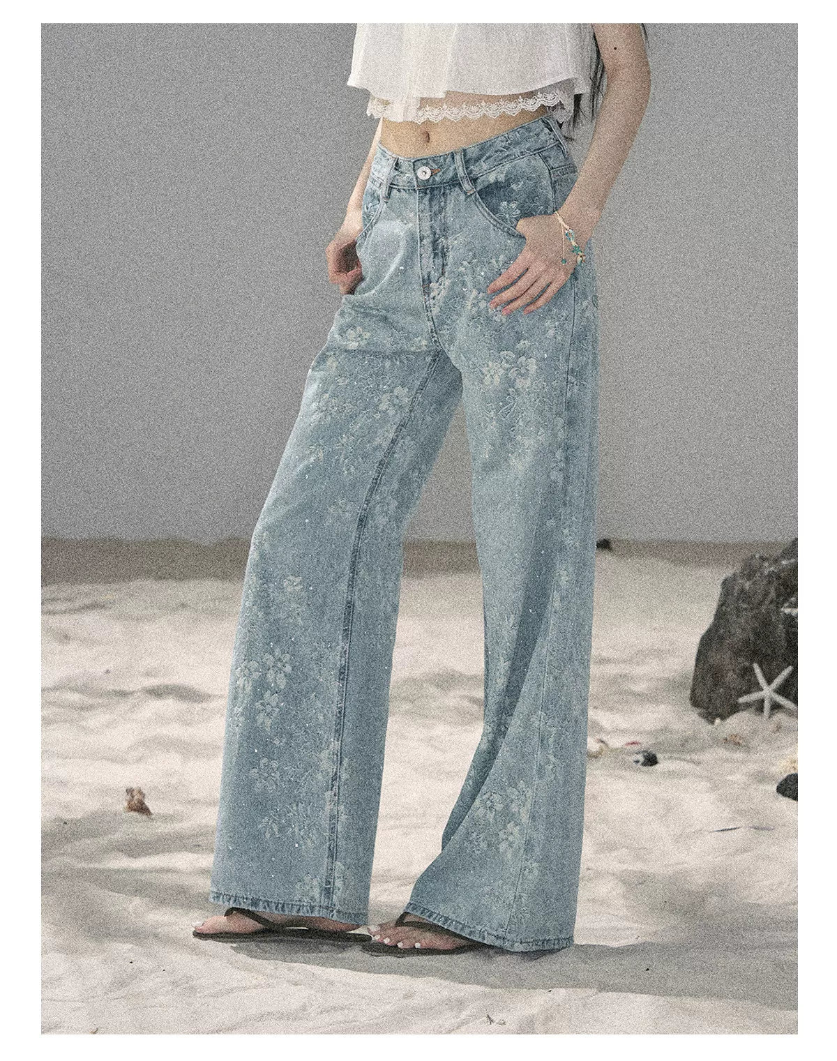 American Style Rhinestone Floral Denim Pants