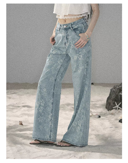 American Style Rhinestone Floral Denim Pants