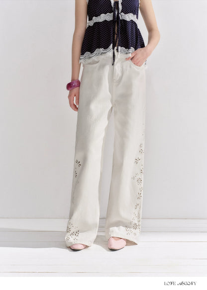 Embroidered Washed Wide-Leg Jeans