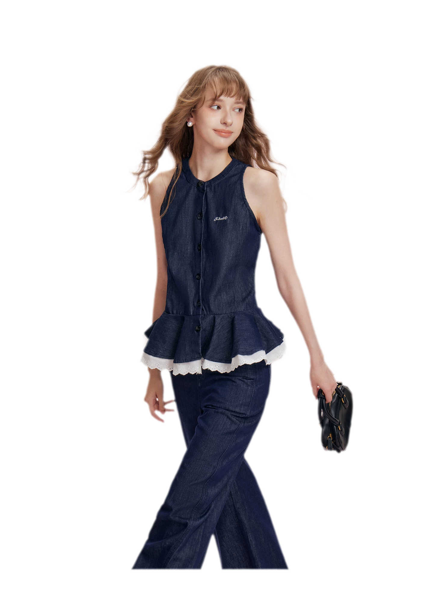 Lace Trim Peplum Denim Set