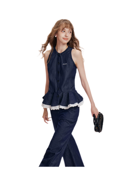 Lace Trim Peplum Denim Set