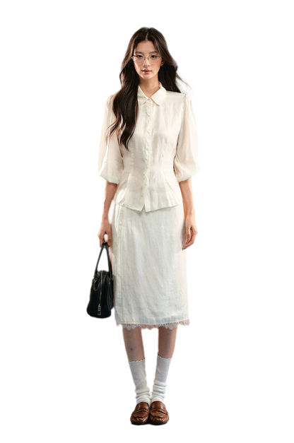 Linen Bubble Sleeve Top Skirt